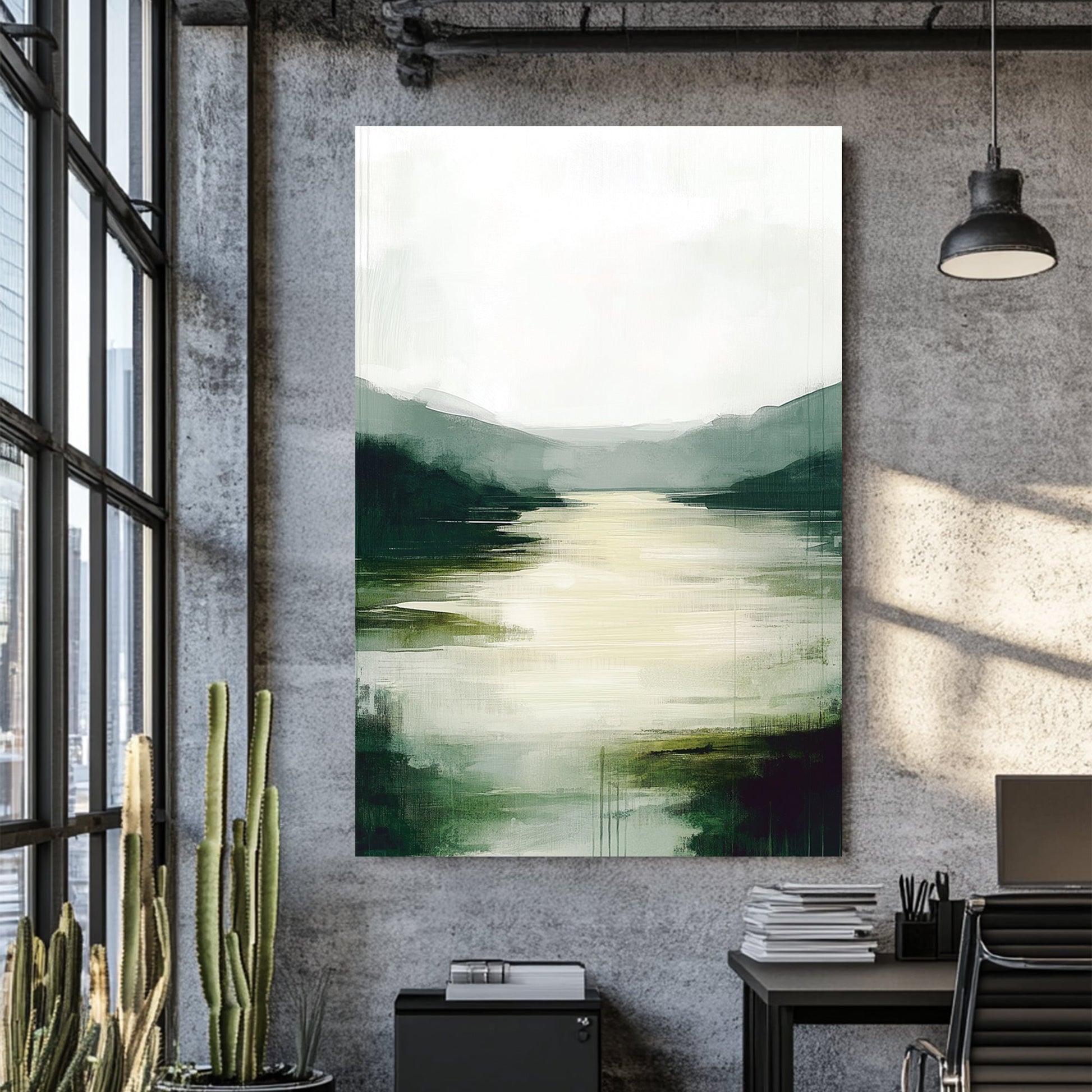 misty green valley river wall art