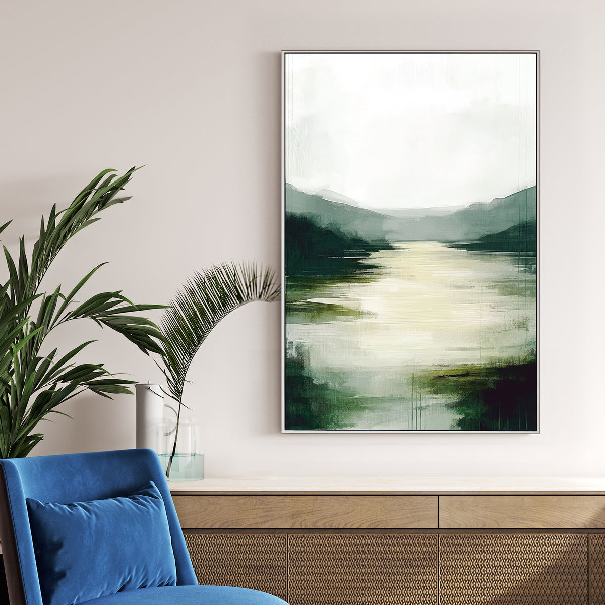 misty green valley river wall art