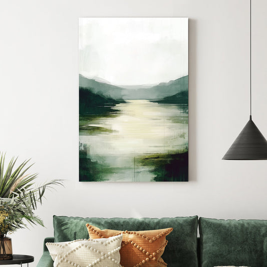 misty green valley river wall art