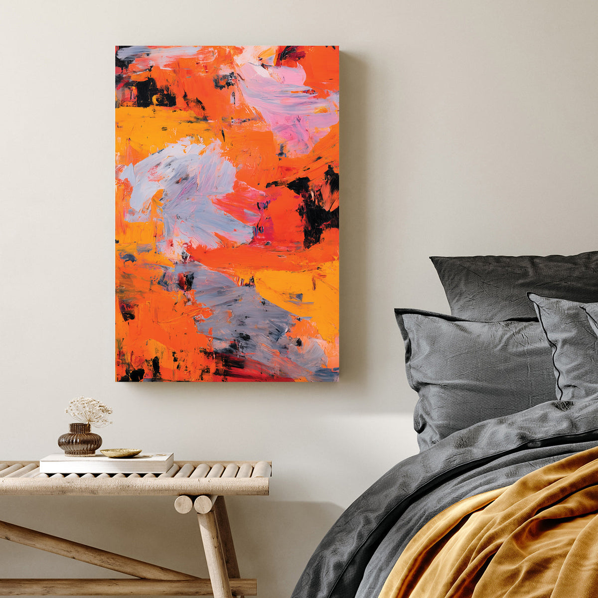 vibrant abstract orange grey wall art