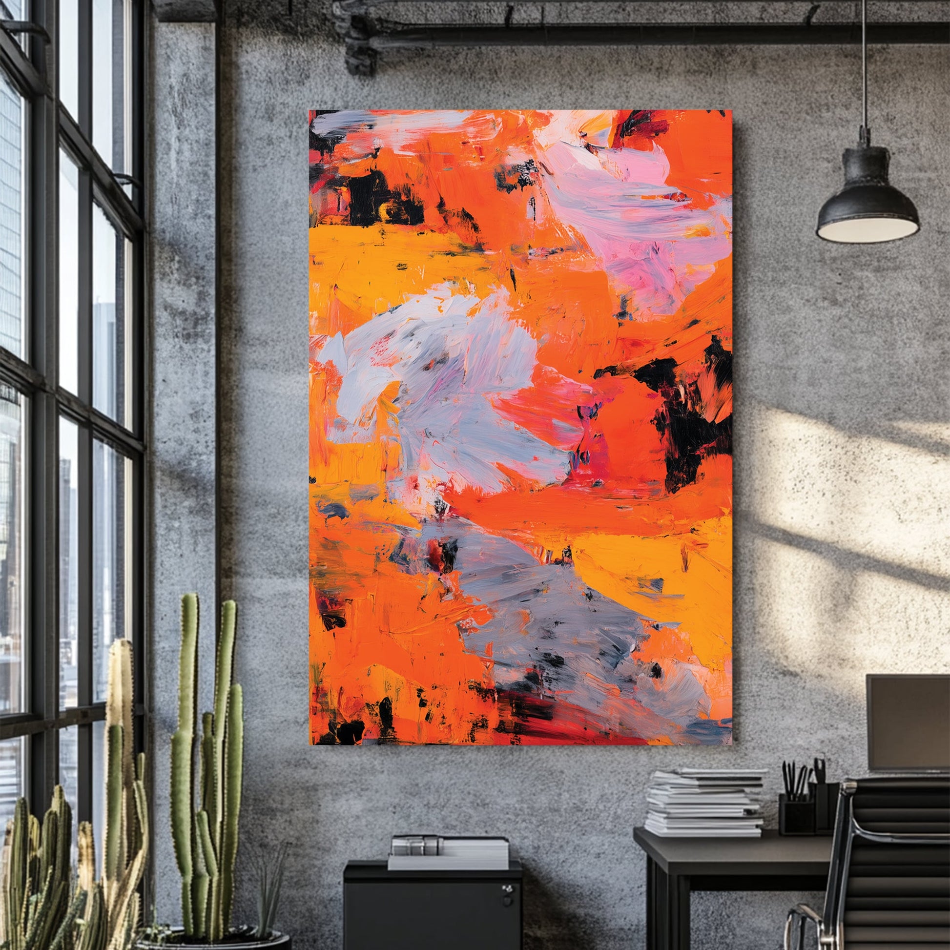 vibrant abstract orange grey wall art