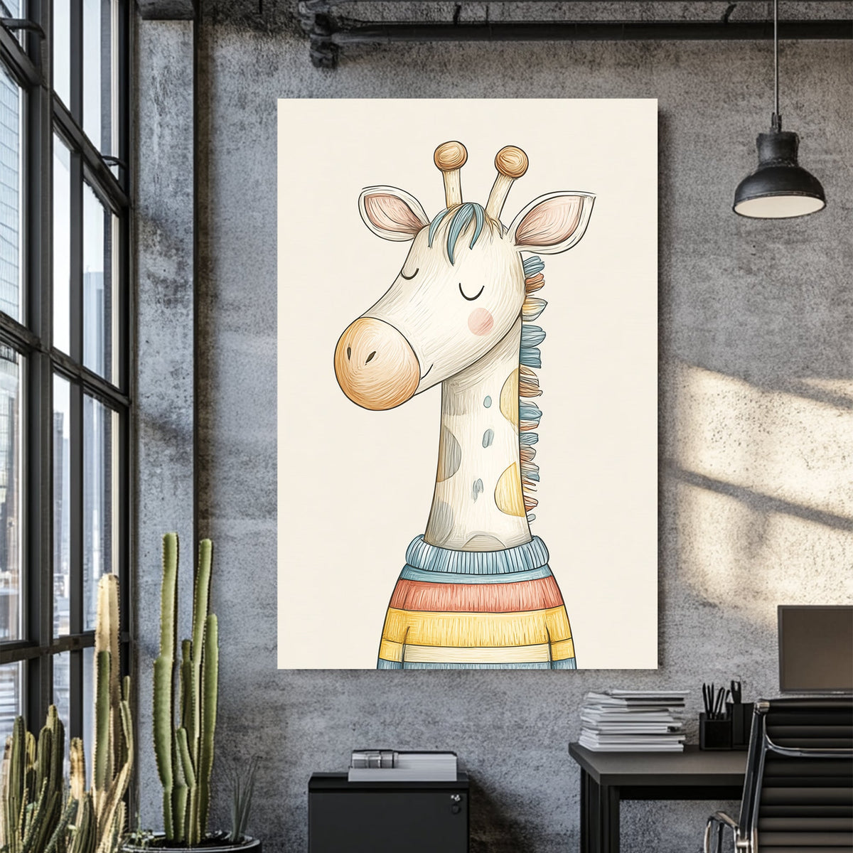 cute giraffe in striped sweater wall art