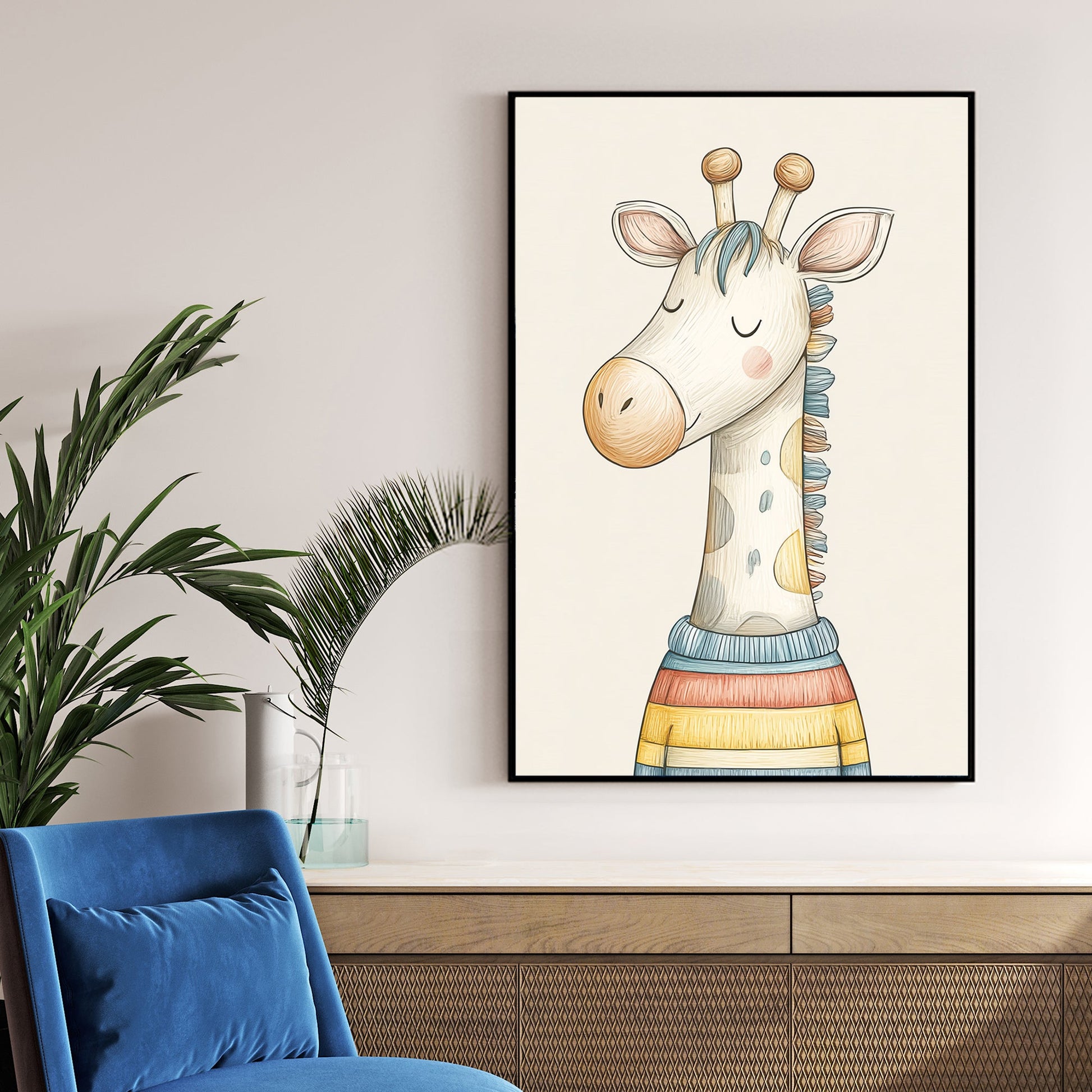 cute giraffe in striped sweater wall art