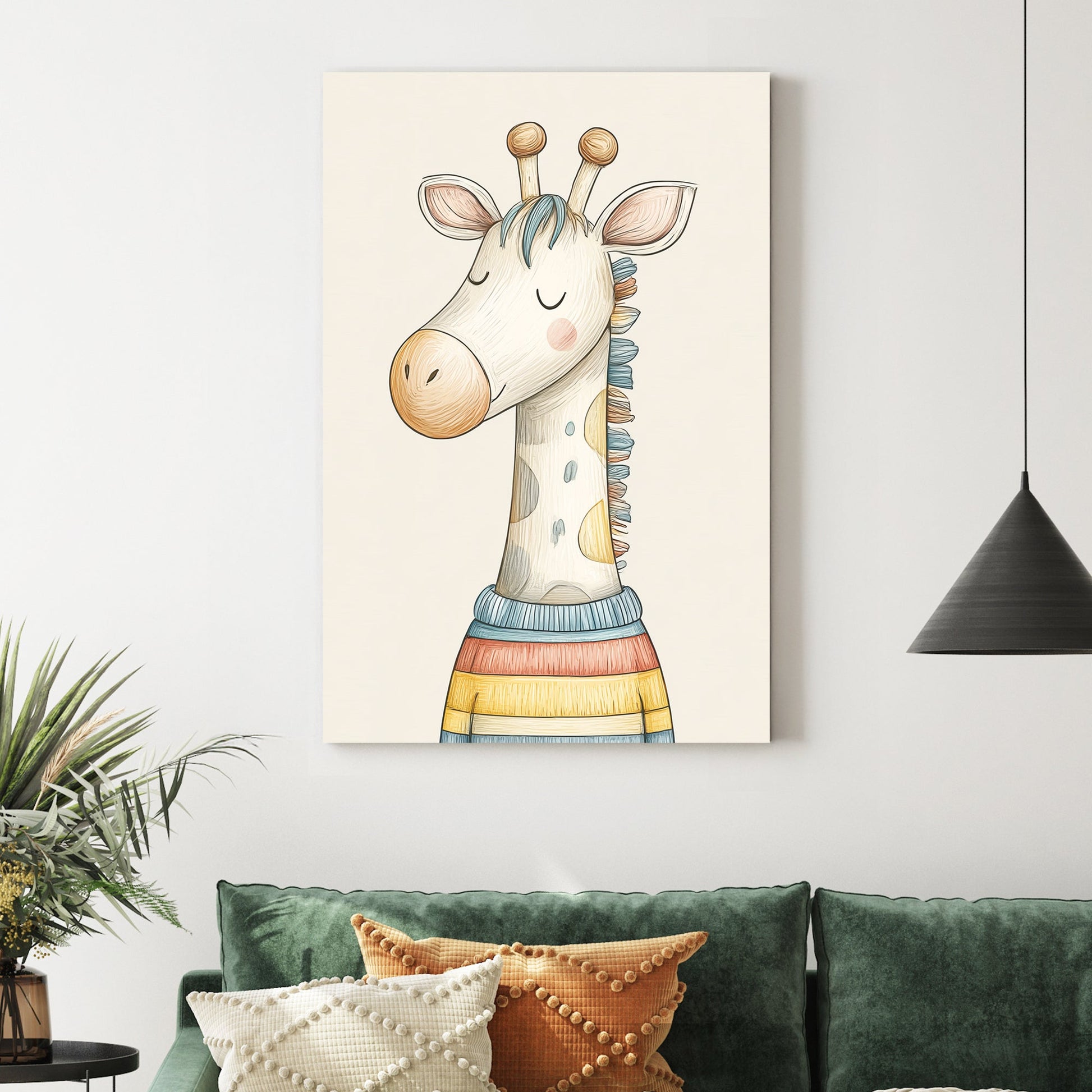 cute giraffe in striped sweater wall art