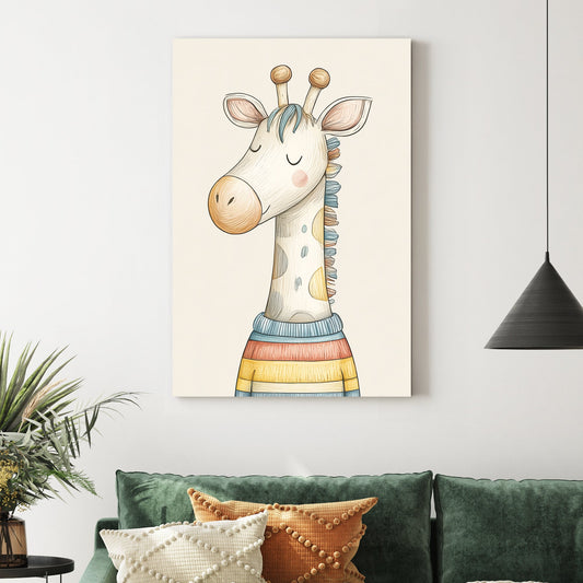 cute giraffe in striped sweater wall art