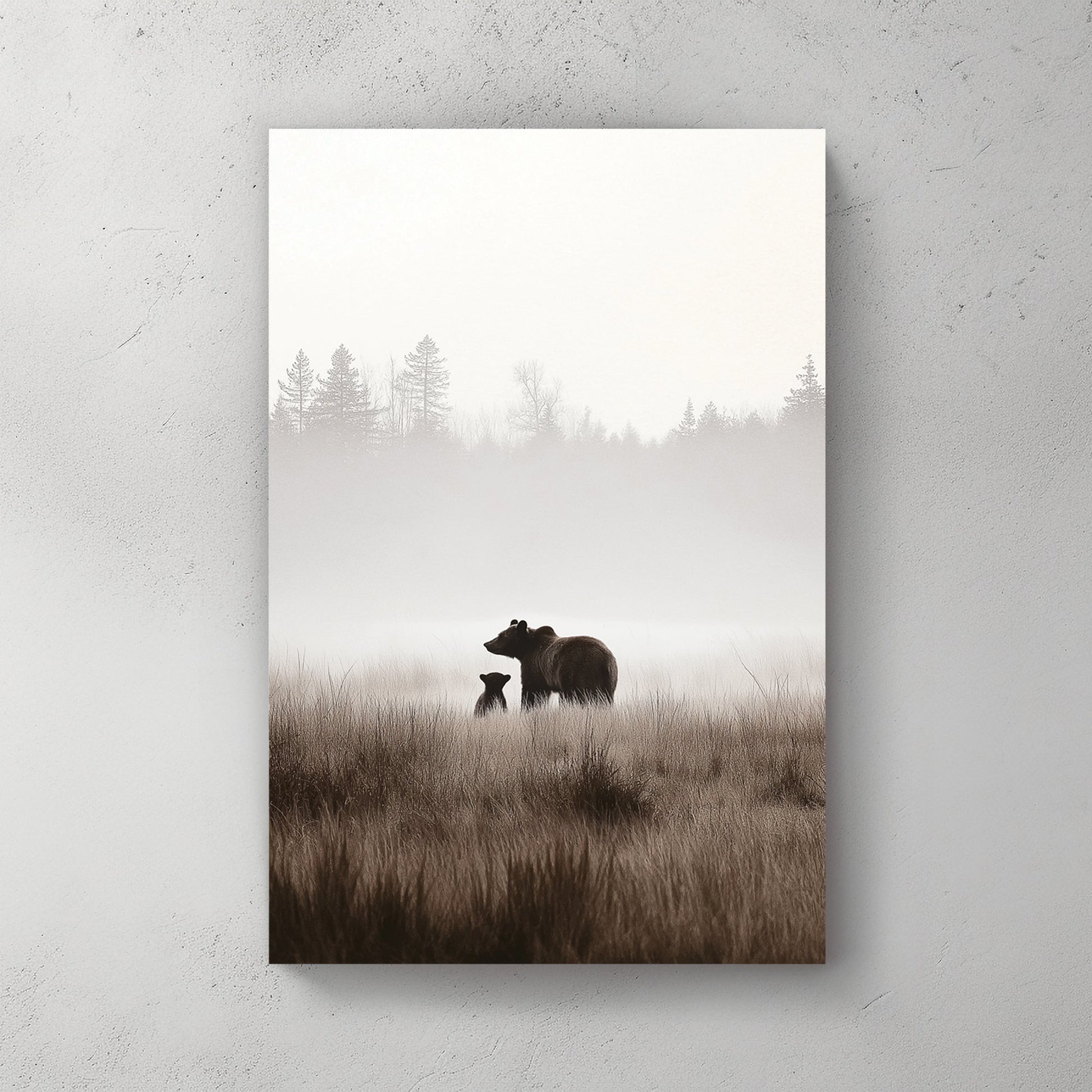 bear and cub misty forest wall art