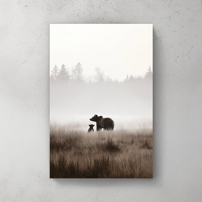 bear and cub misty forest wall art