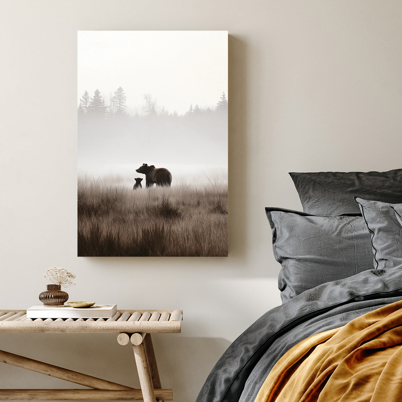 bear and cub misty forest wall art