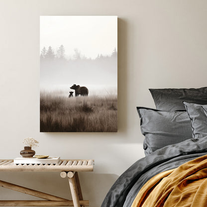 bear and cub misty forest wall art