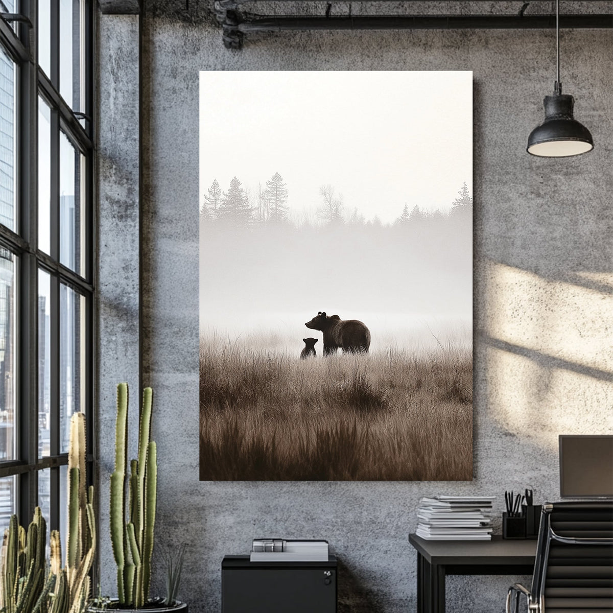 bear and cub misty forest wall art