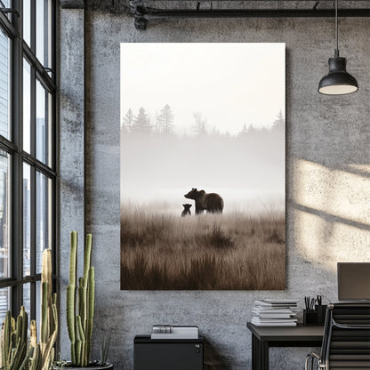 bear and cub misty forest wall art