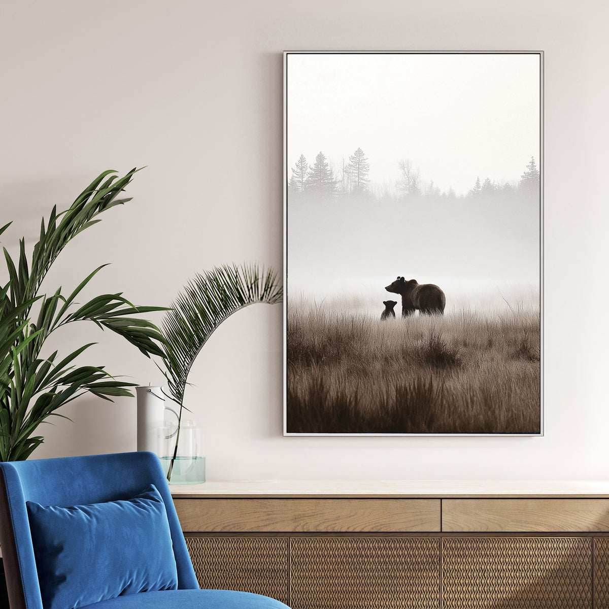 bear and cub misty forest wall art