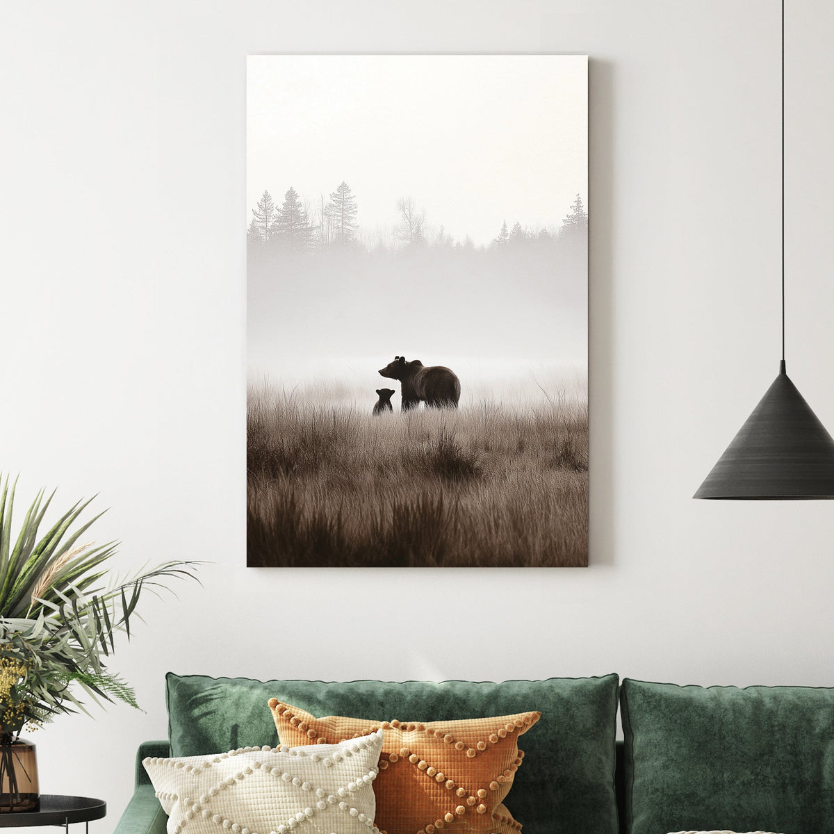 bear and cub misty forest wall art