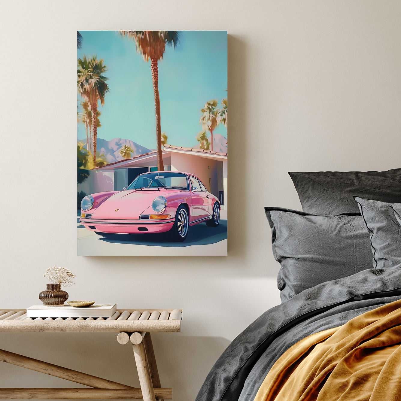 pink Porsche retro car wall art
