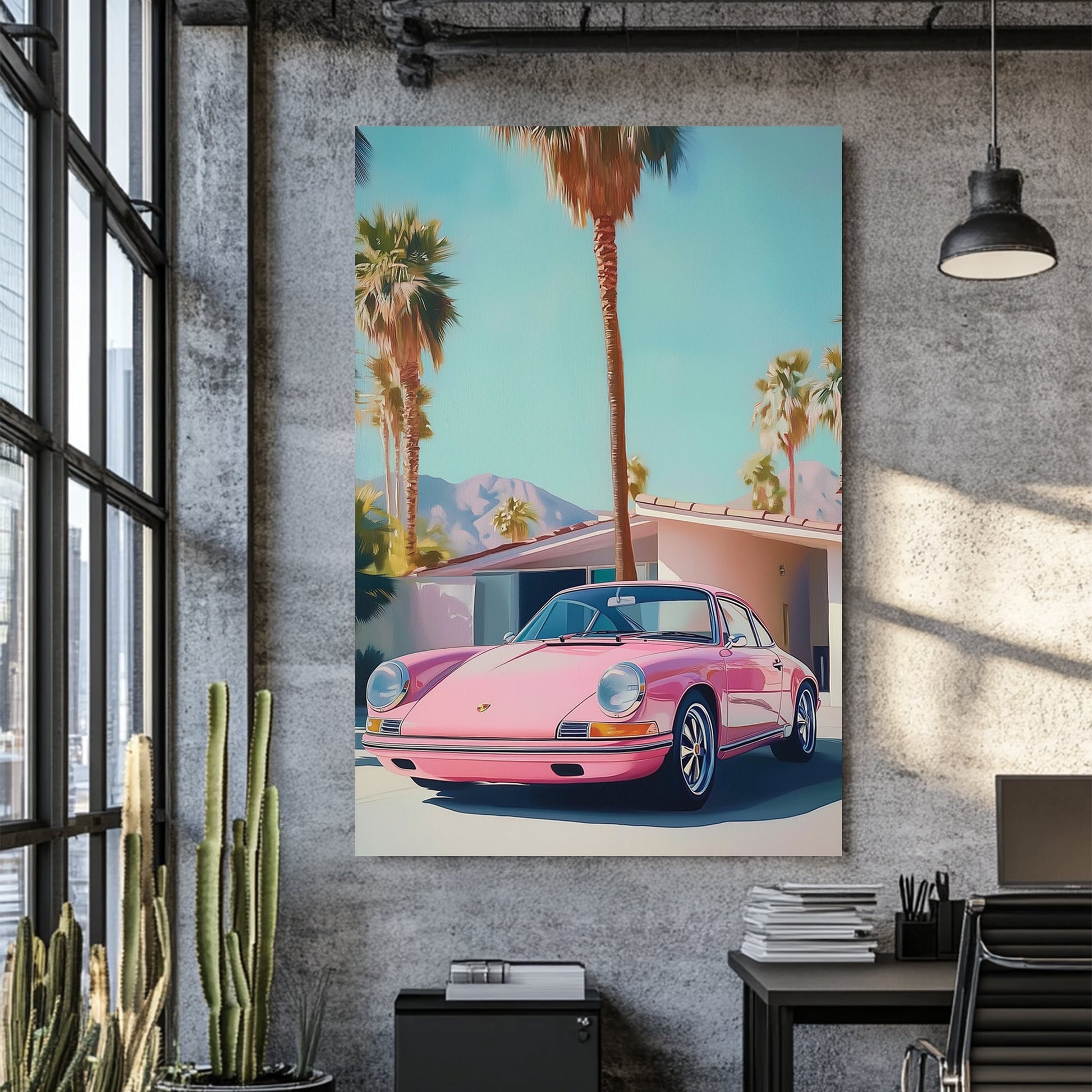 pink Porsche retro car wall art