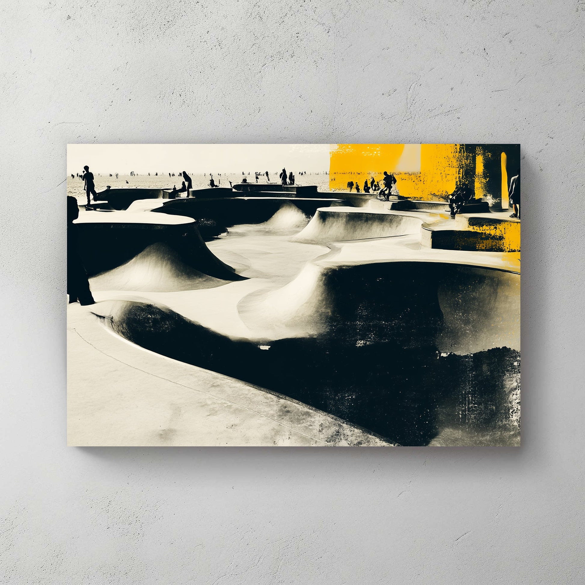 black and yellow skatepark scene wall art