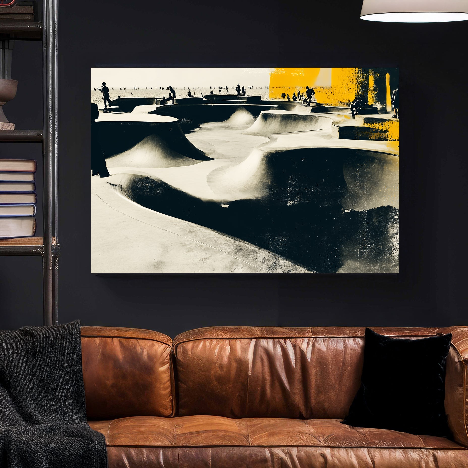 black and yellow skatepark scene wall art