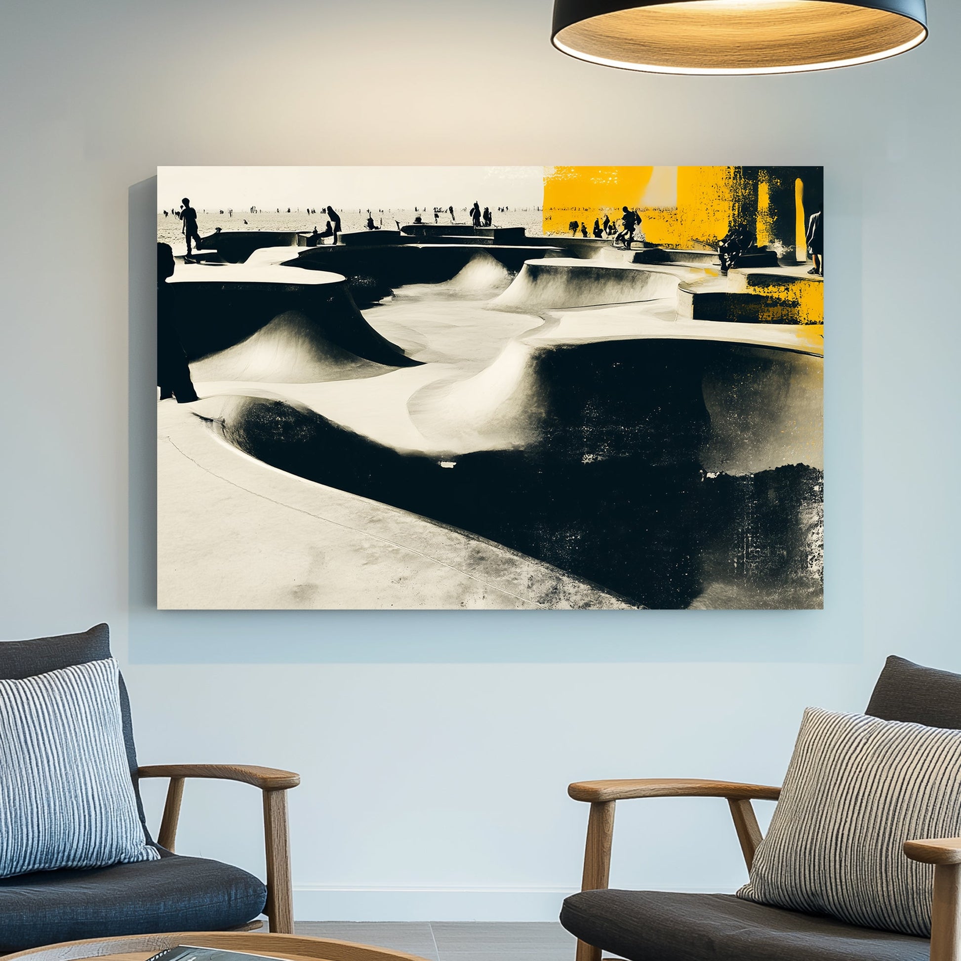 black and yellow skatepark scene wall art