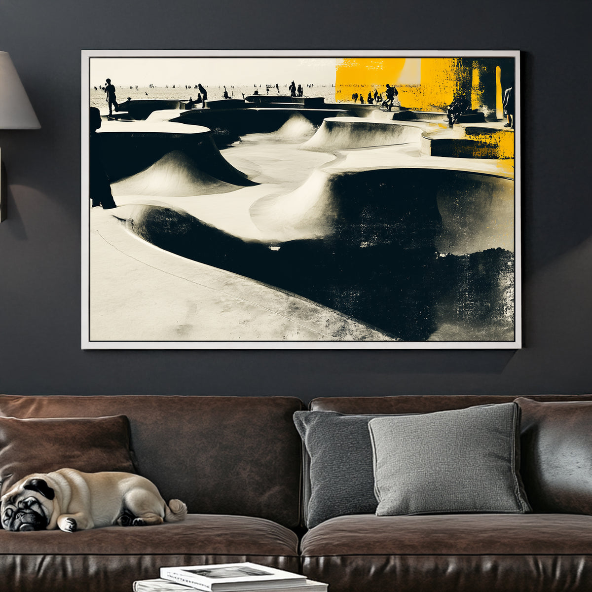 black and yellow skatepark scene wall art