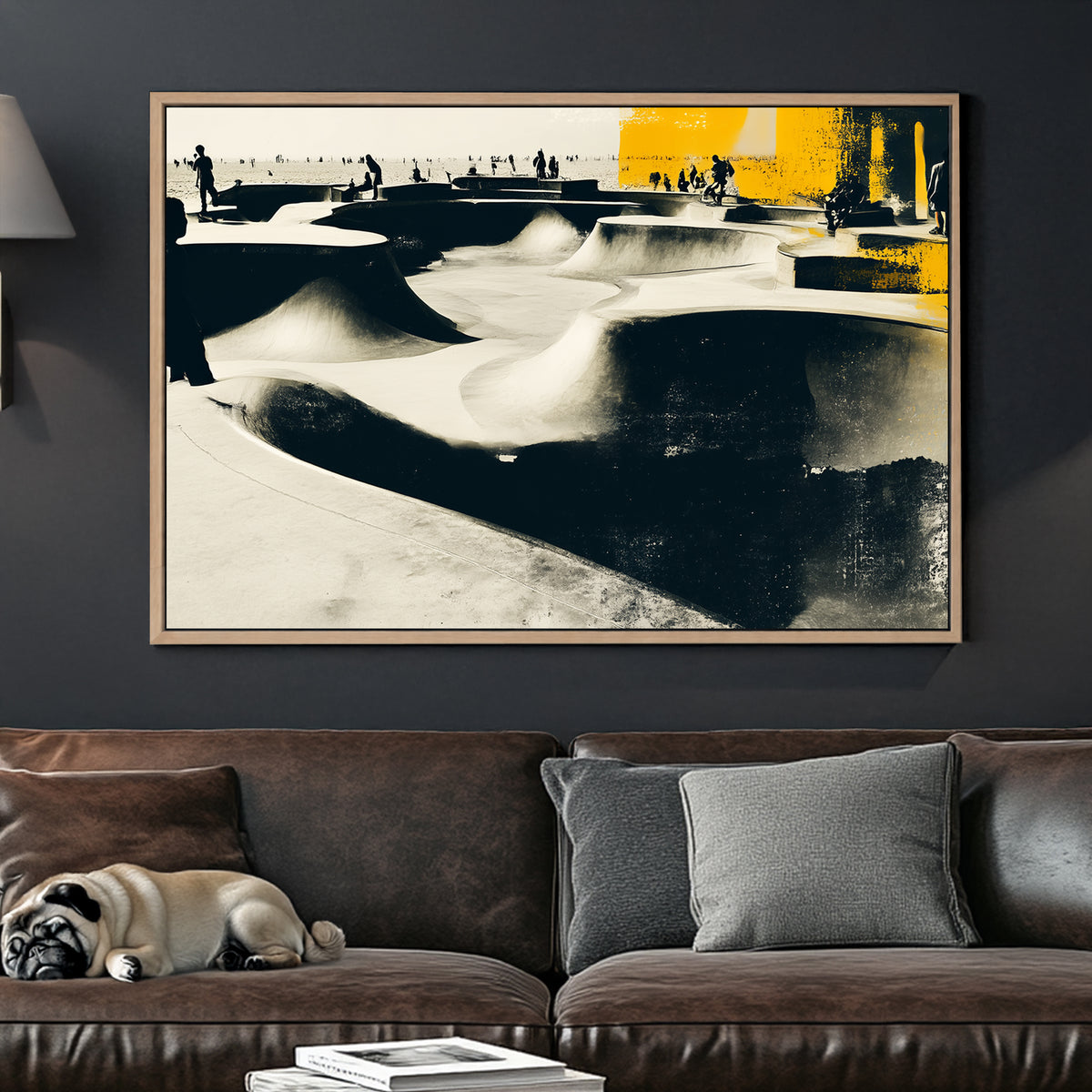 black and yellow skatepark scene wall art