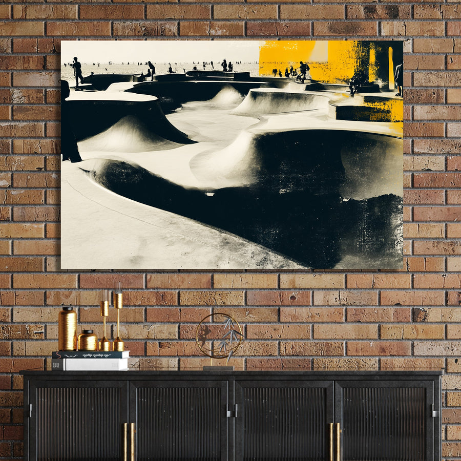 black and yellow skatepark scene wall art