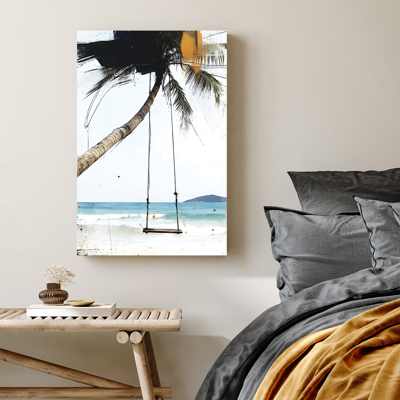 beach swing and palm tree wall art
