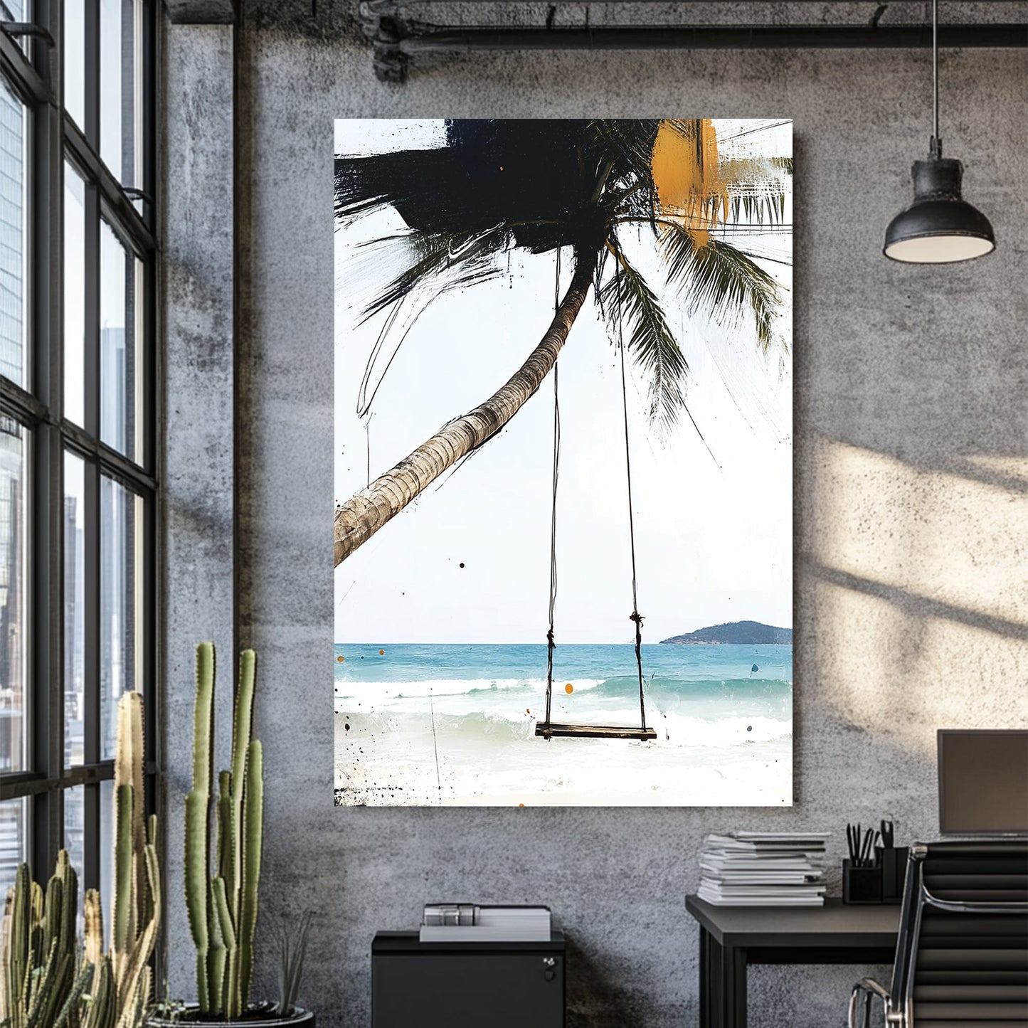 beach swing and palm tree wall art