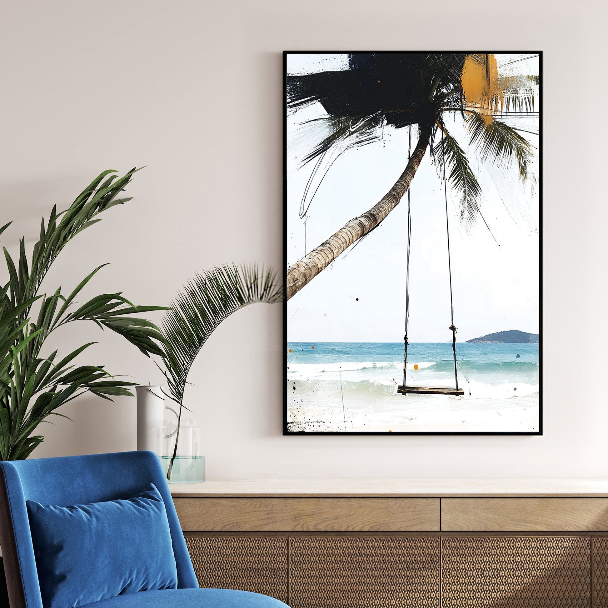 beach swing and palm tree wall art