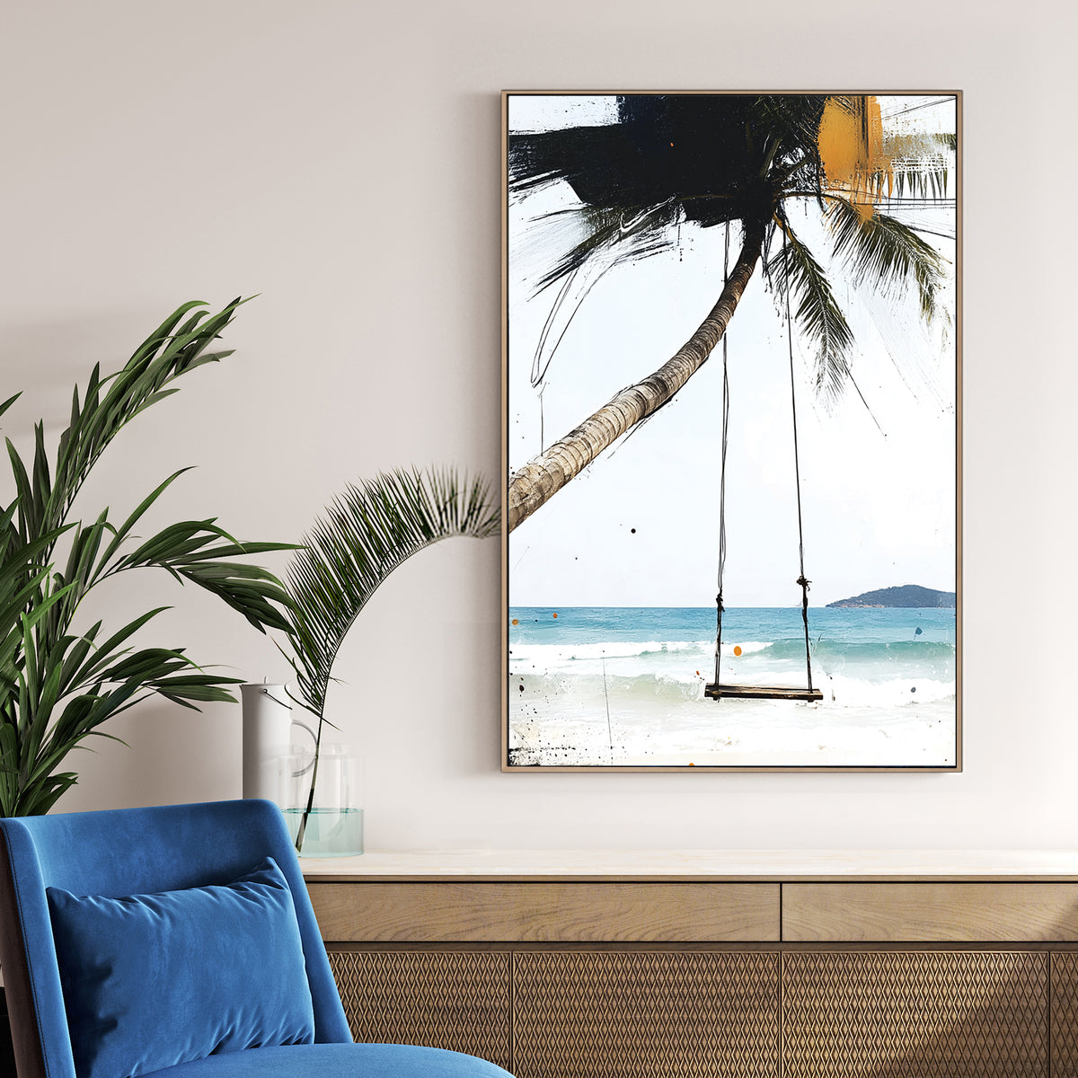 beach swing and palm tree wall art