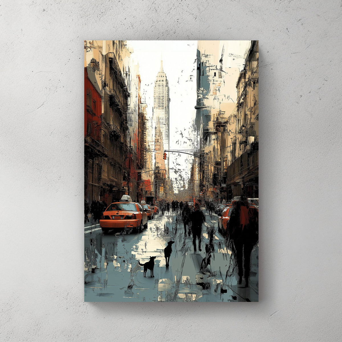 new york city street wall art with taxis and skyscrapers