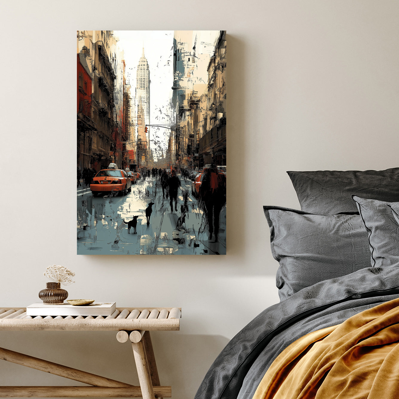 new york city street wall art with taxis and skyscrapers