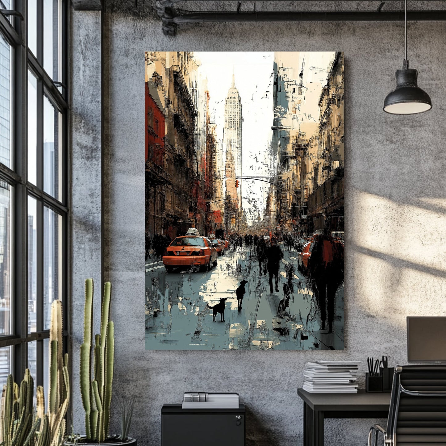new york city street wall art with taxis and skyscrapers