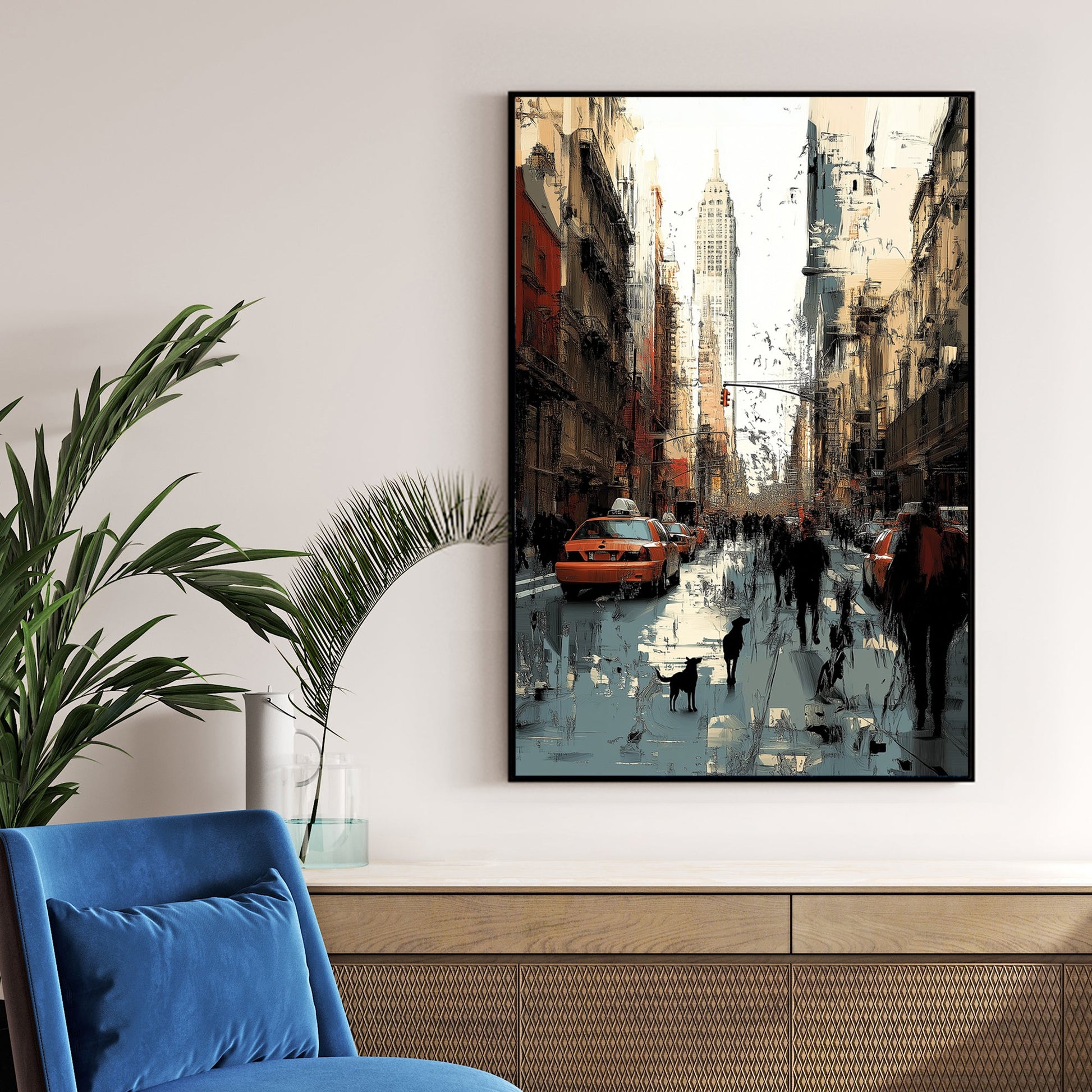 new york city street wall art with taxis and skyscrapers