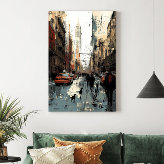 new york city street wall art with taxis and skyscrapers
