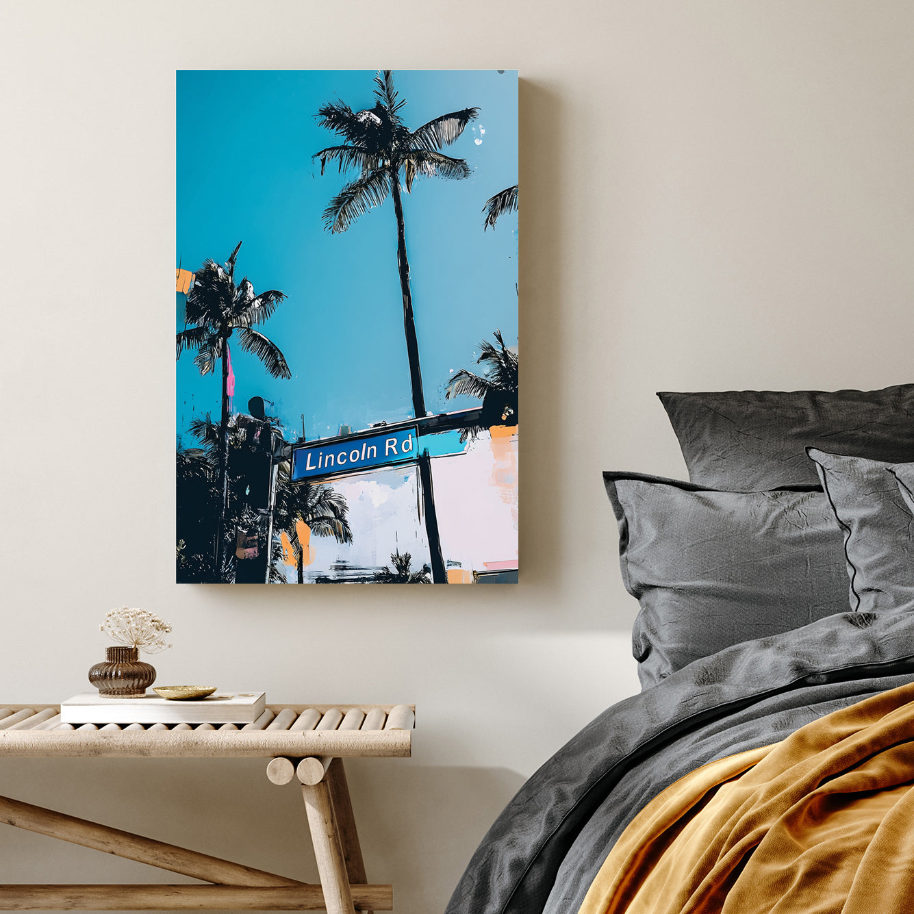 lincoln road miami wall art with palm trees and blue sky