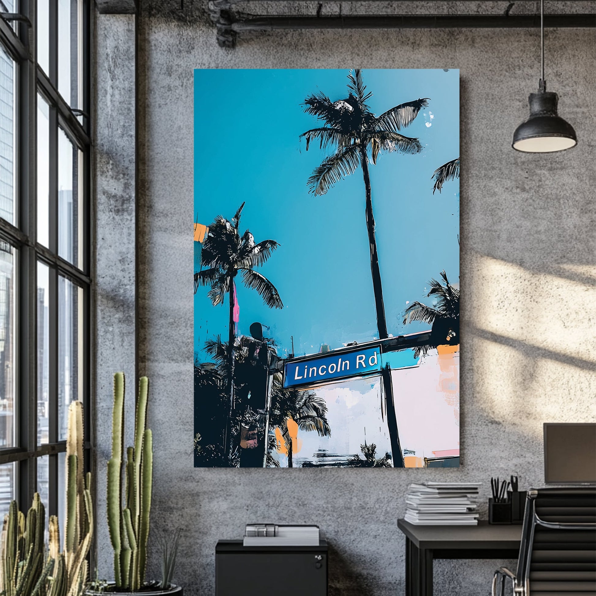 lincoln road miami wall art with palm trees and blue sky