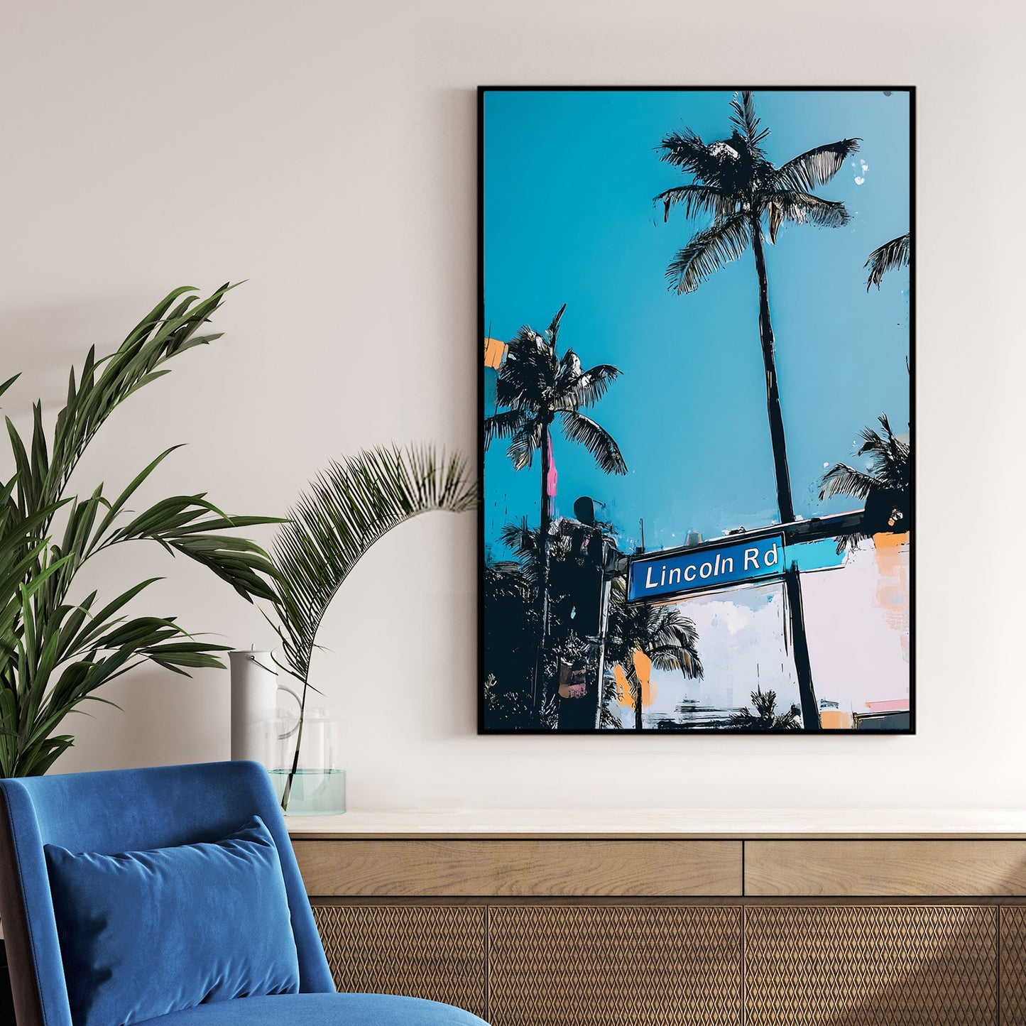 lincoln road miami wall art with palm trees and blue sky