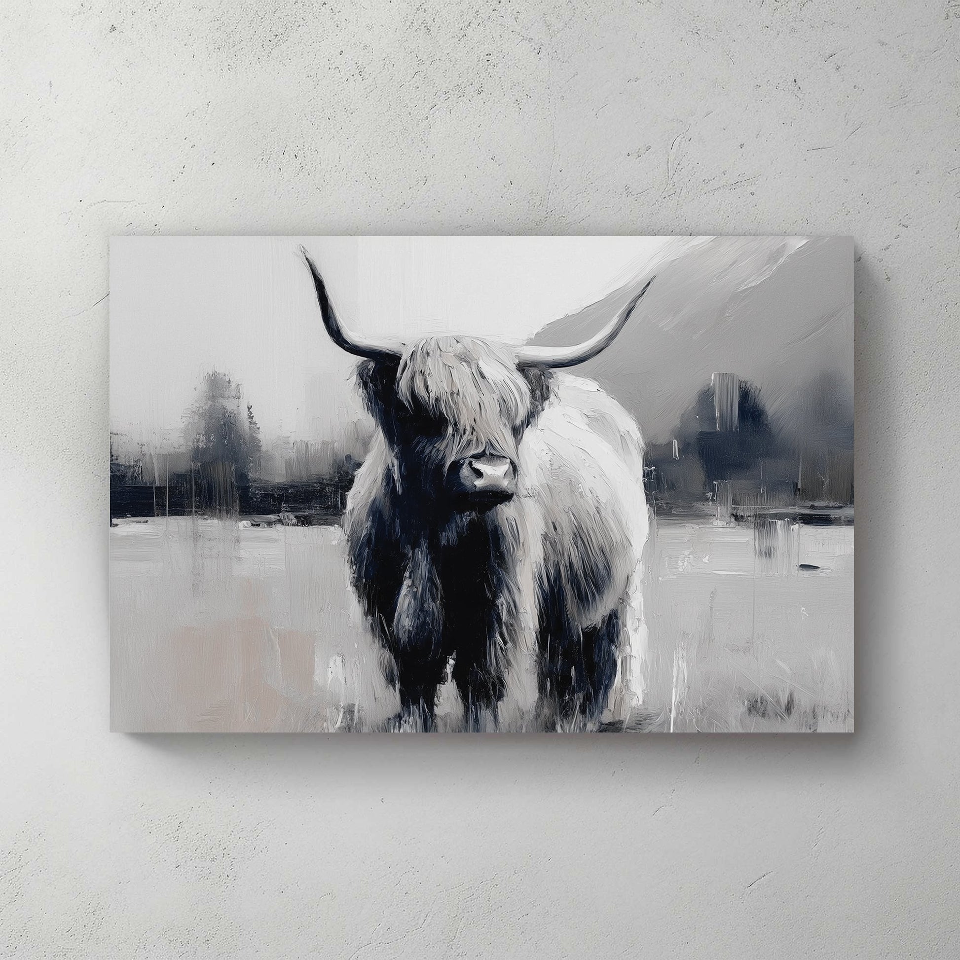 highland cow black and white wall art with misty landscape