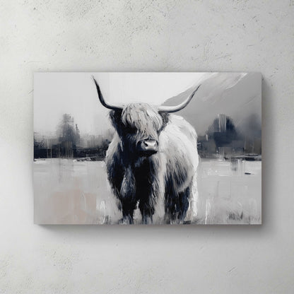 highland cow black and white wall art with misty landscape