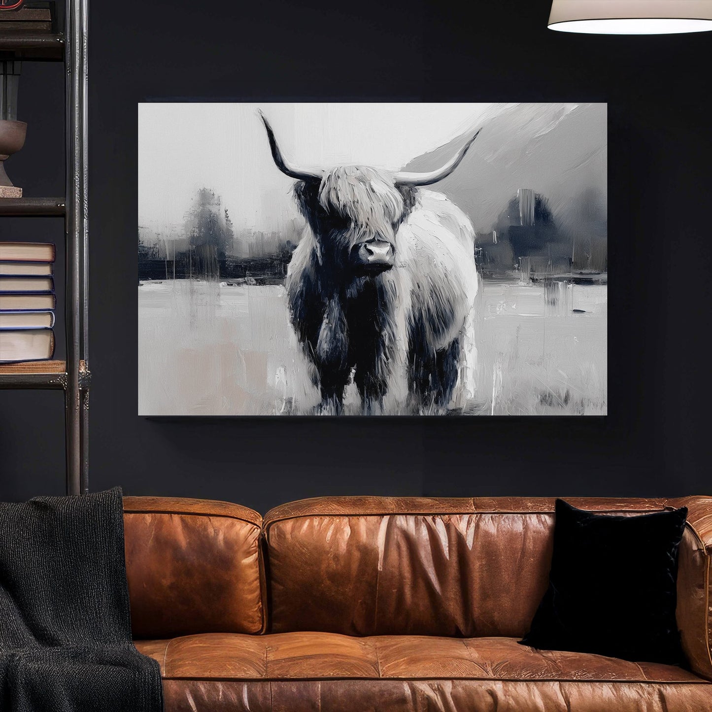 highland cow black and white wall art with misty landscape