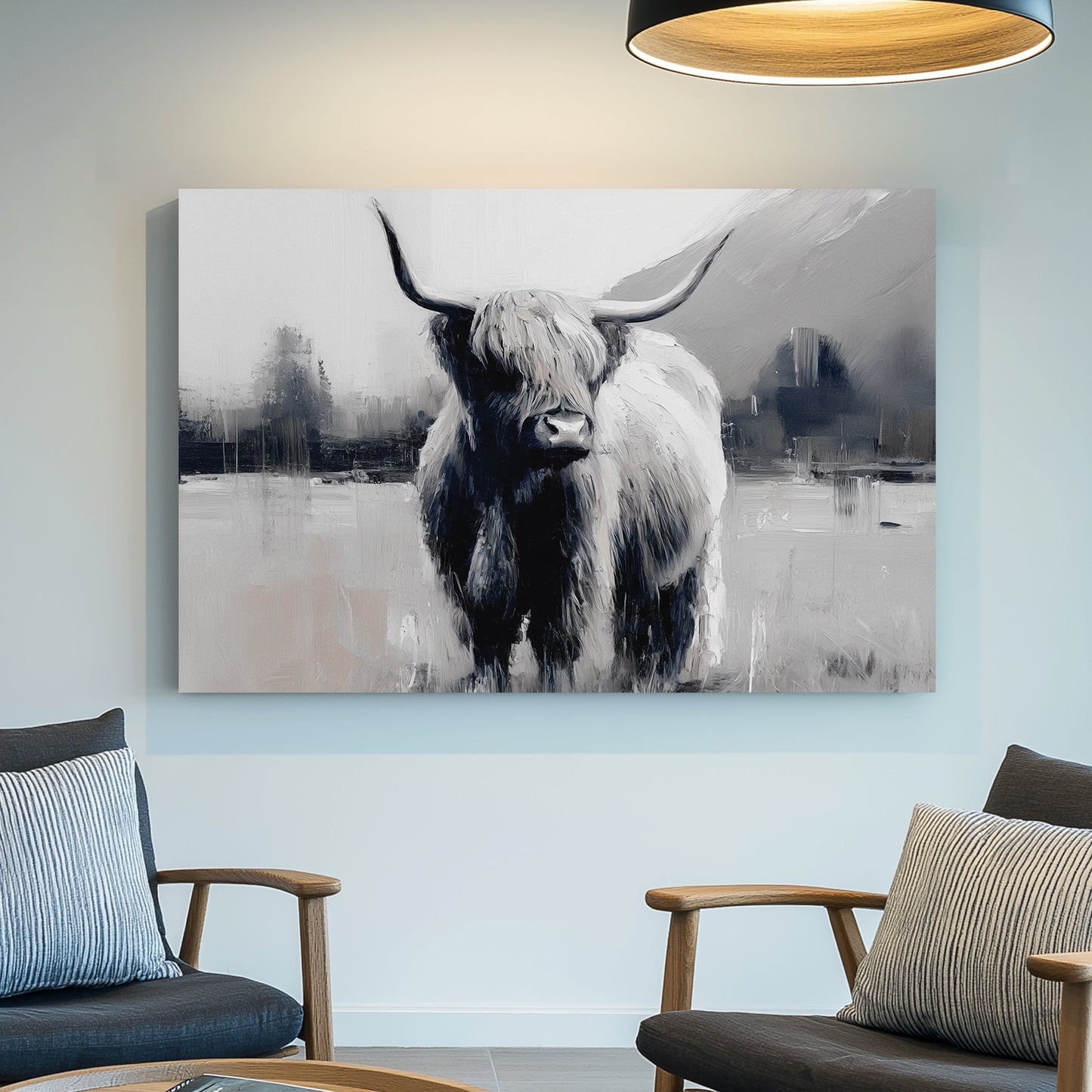 highland cow black and white wall art with misty landscape