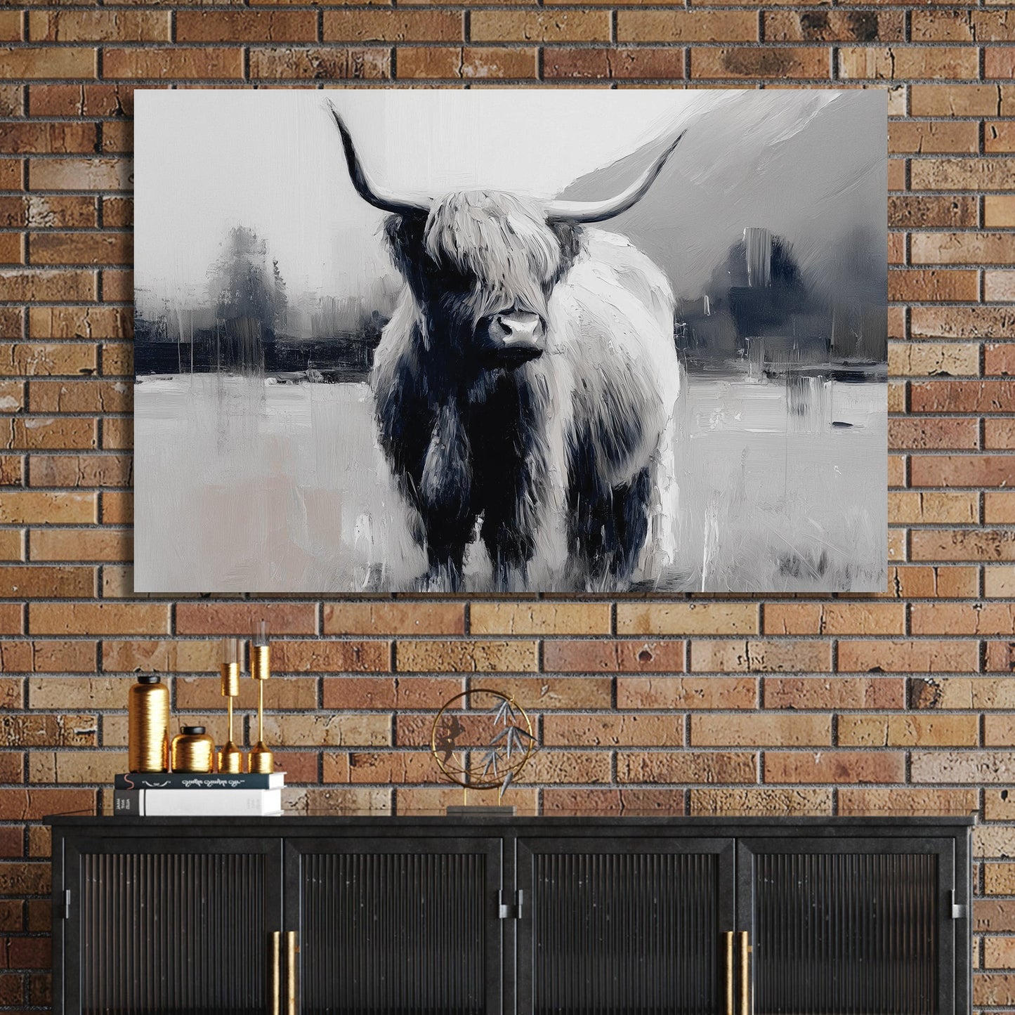 highland cow black and white wall art with misty landscape