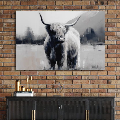 highland cow black and white wall art with misty landscape