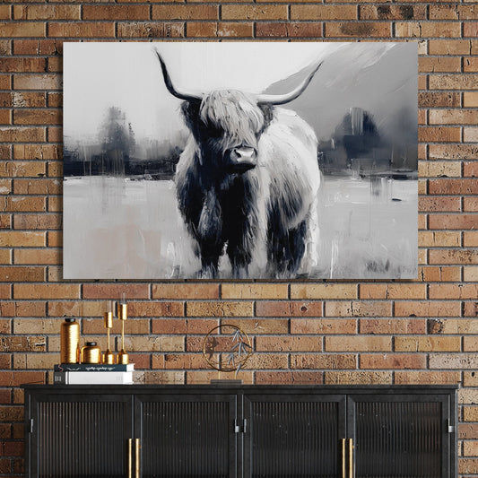 highland cow black and white wall art with misty landscape
