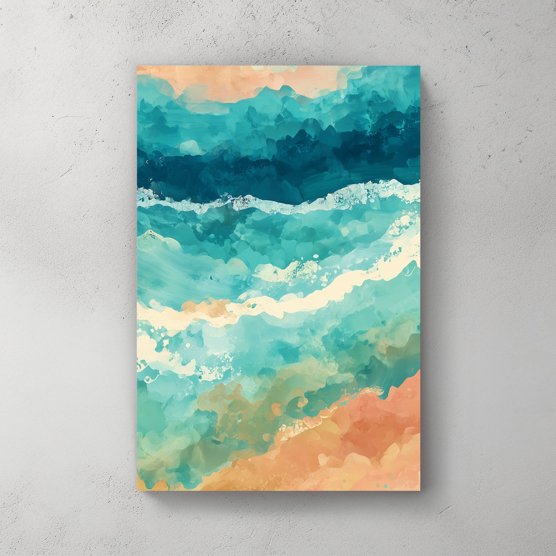 abstract ocean inspired wall art in teal and coral colours