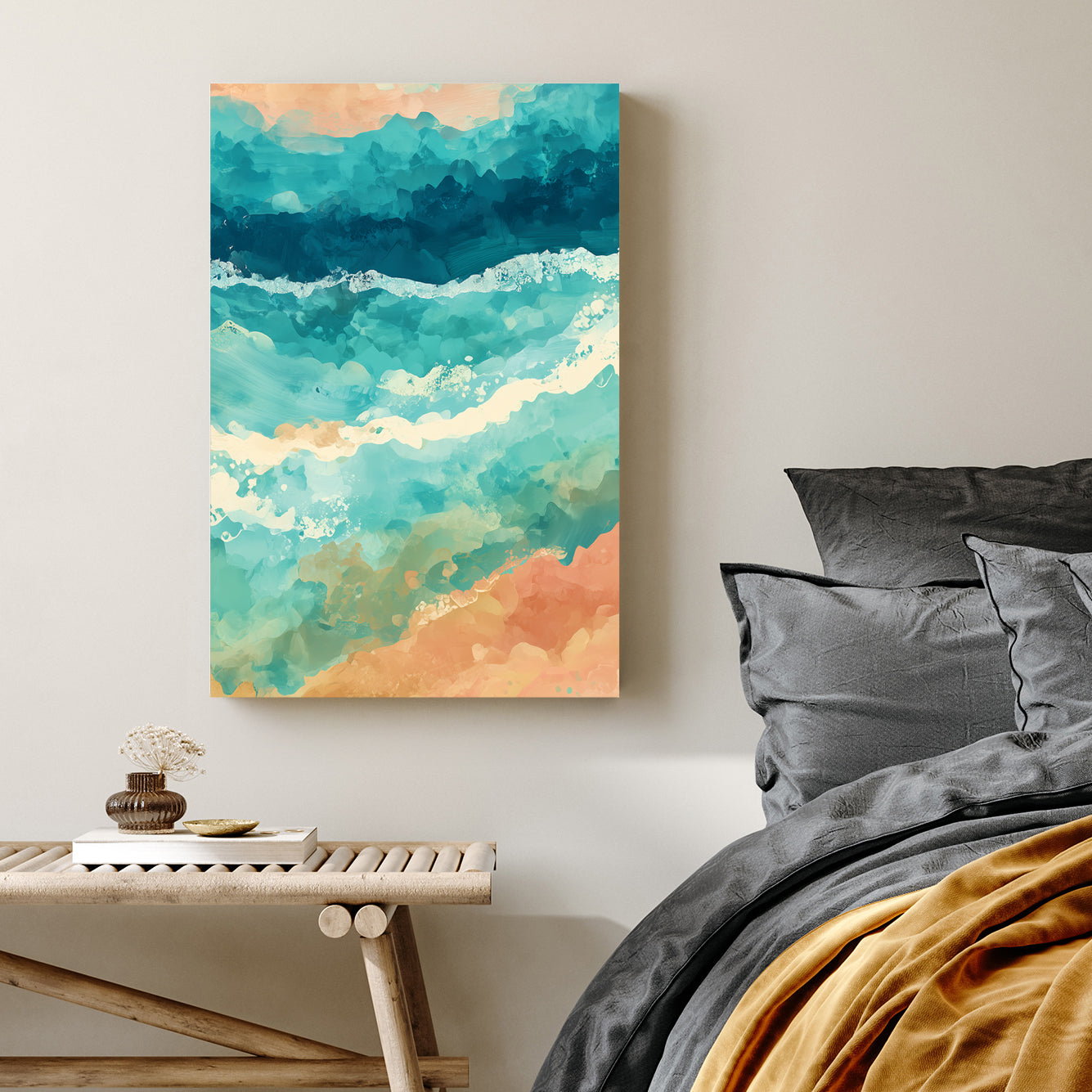 abstract ocean inspired wall art in teal and coral colours