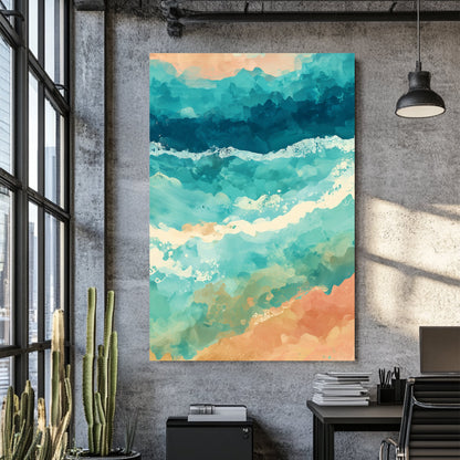 abstract ocean inspired wall art in teal and coral colours