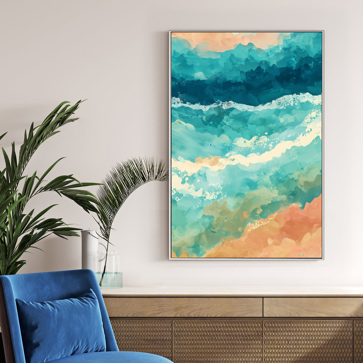 abstract ocean inspired wall art in teal and coral colours
