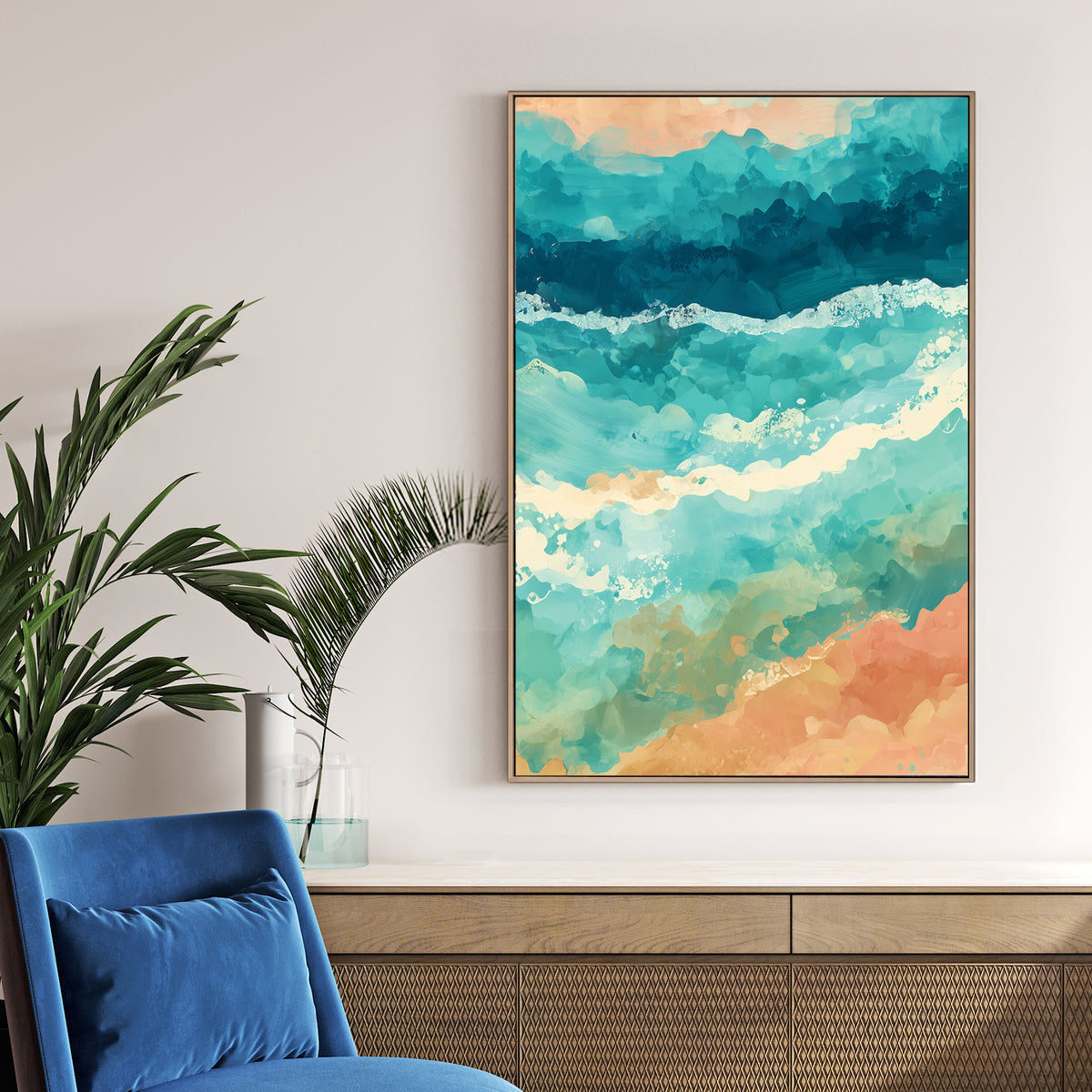 abstract ocean inspired wall art in teal and coral colours