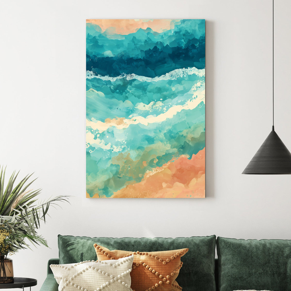 abstract ocean inspired wall art in teal and coral colours